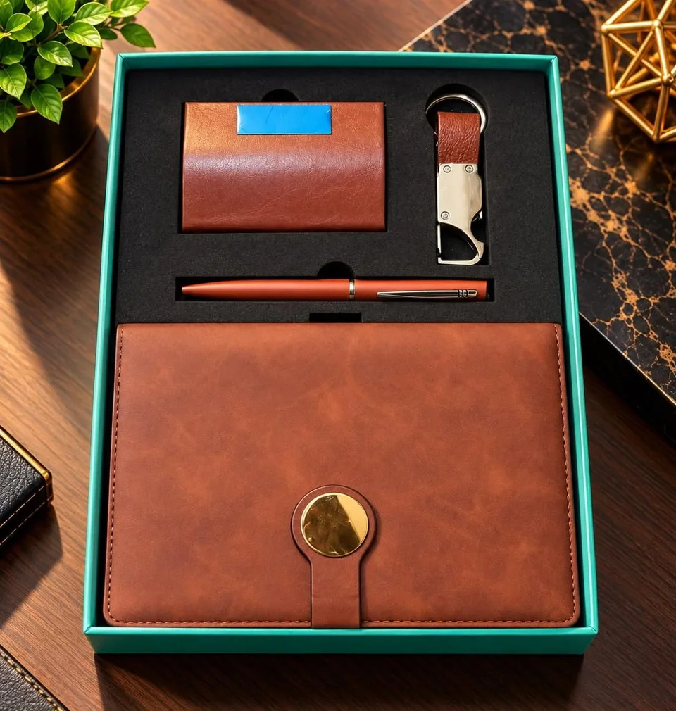 A tan diary with a round gold-tone clasp, a tan card holder, a tan pen and a tan strap keychain with a hook, in a gift box…