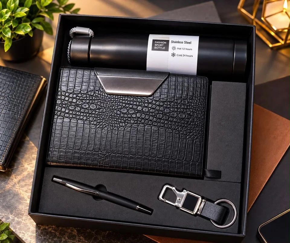 Croc-texture diary, bottle, pen and keychain set