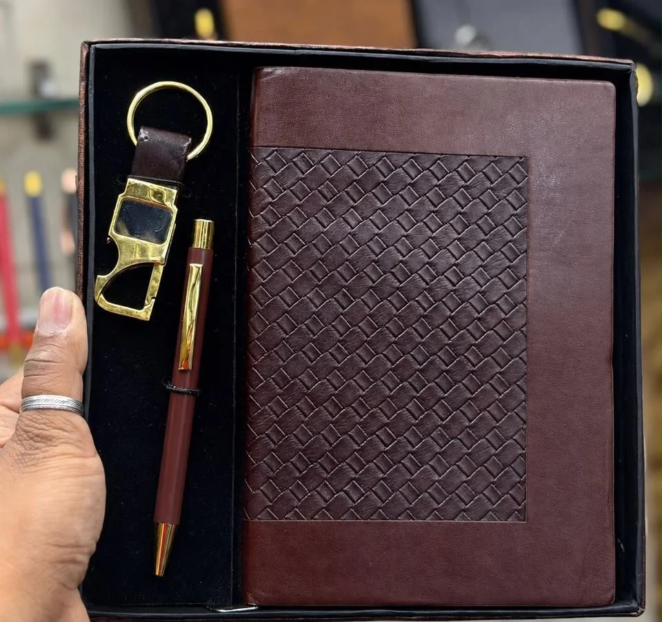 Maroon woven diary, pen and keychain set
