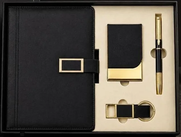 Black and gold diary, card holder, pen and keychain set