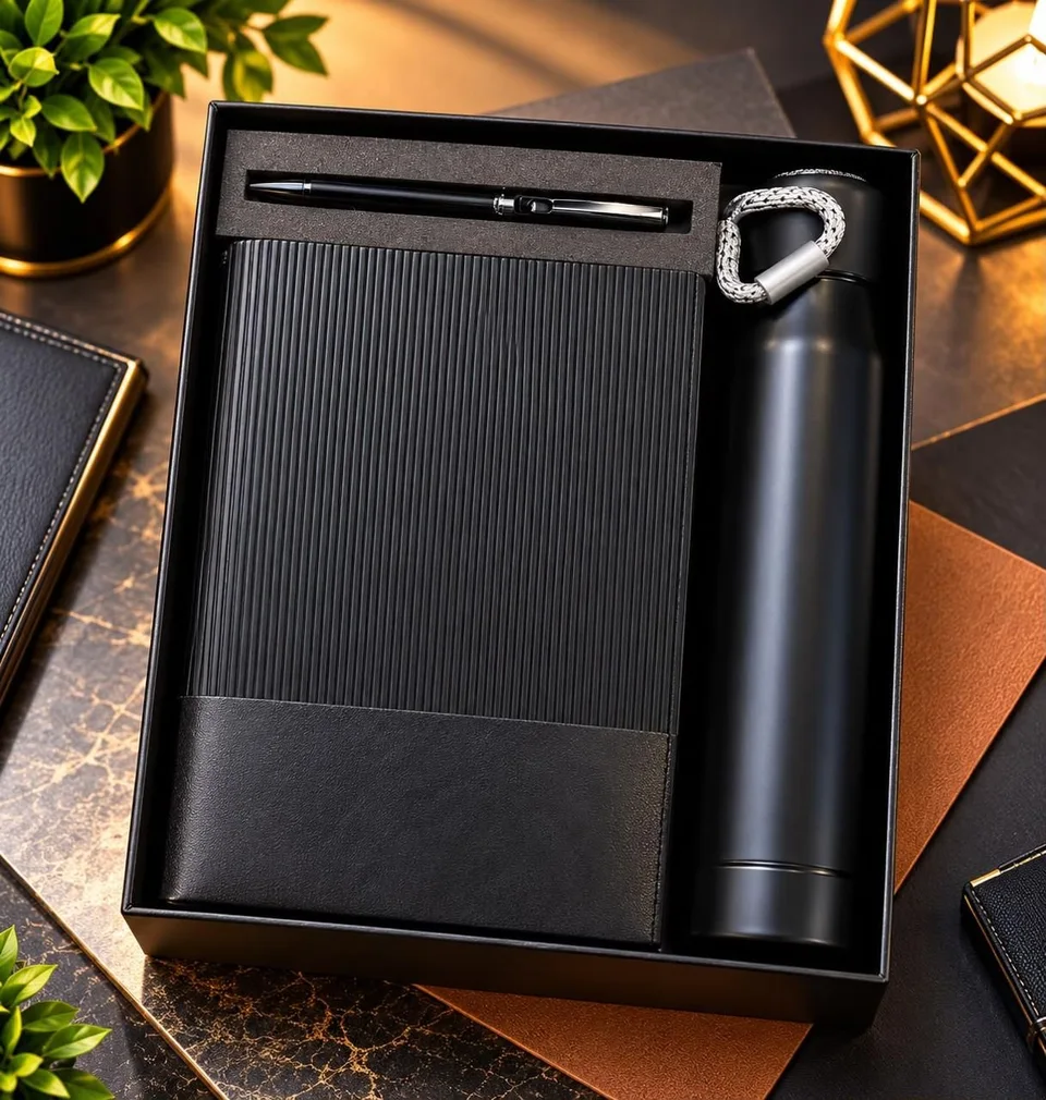 A black notebook with a ribbed cover, a black pen and a black bottle with a rope loop, in a black gift box
