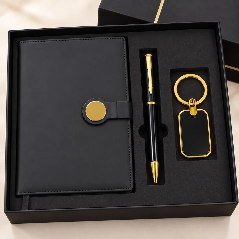 Black and gold diary, pen and keychain set