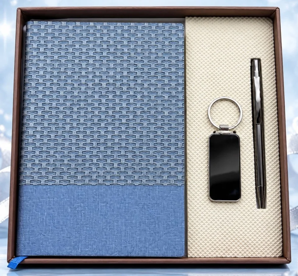 Blue woven diary, pen and keychain set