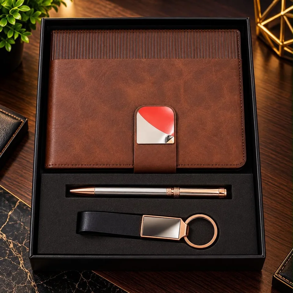 A brown diary with a ribbed top and a flap closure, a silver and rose gold-tone pen and a black strap keychain with a rose…