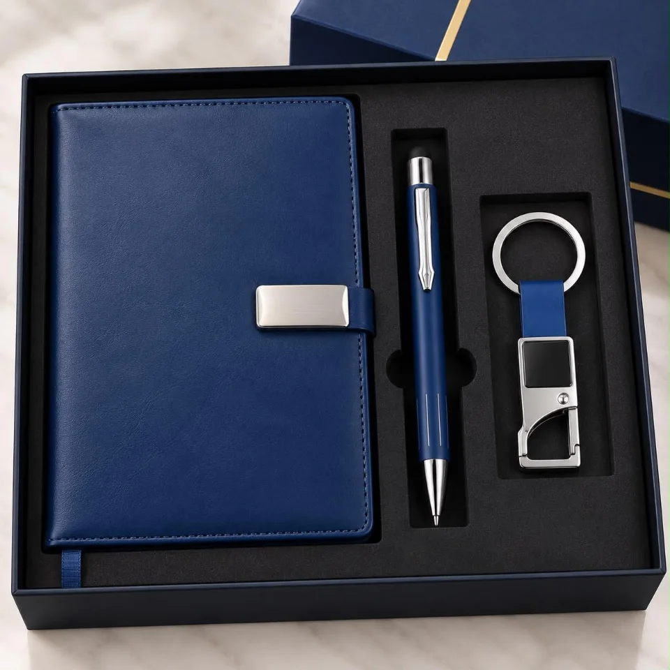 Navy diary, pen and keychain set