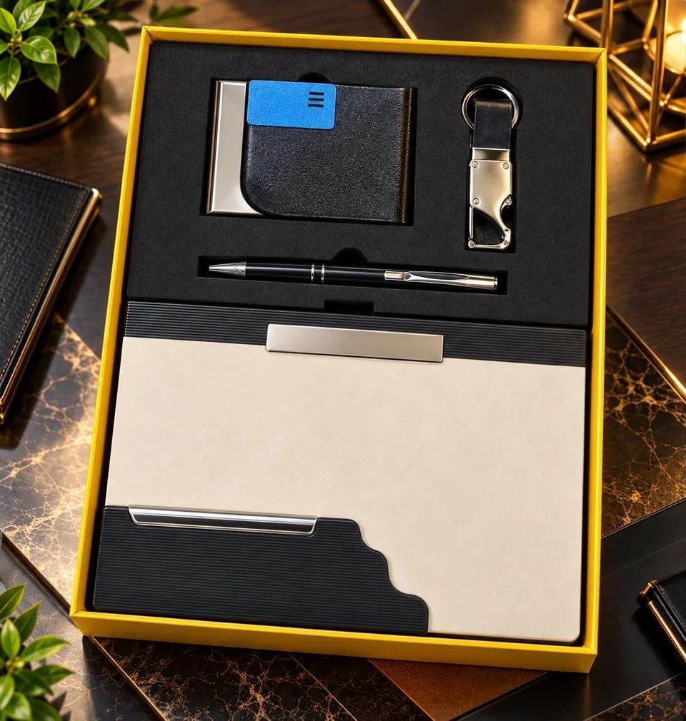 Cream and black notebook, card holder, pen and keychain set