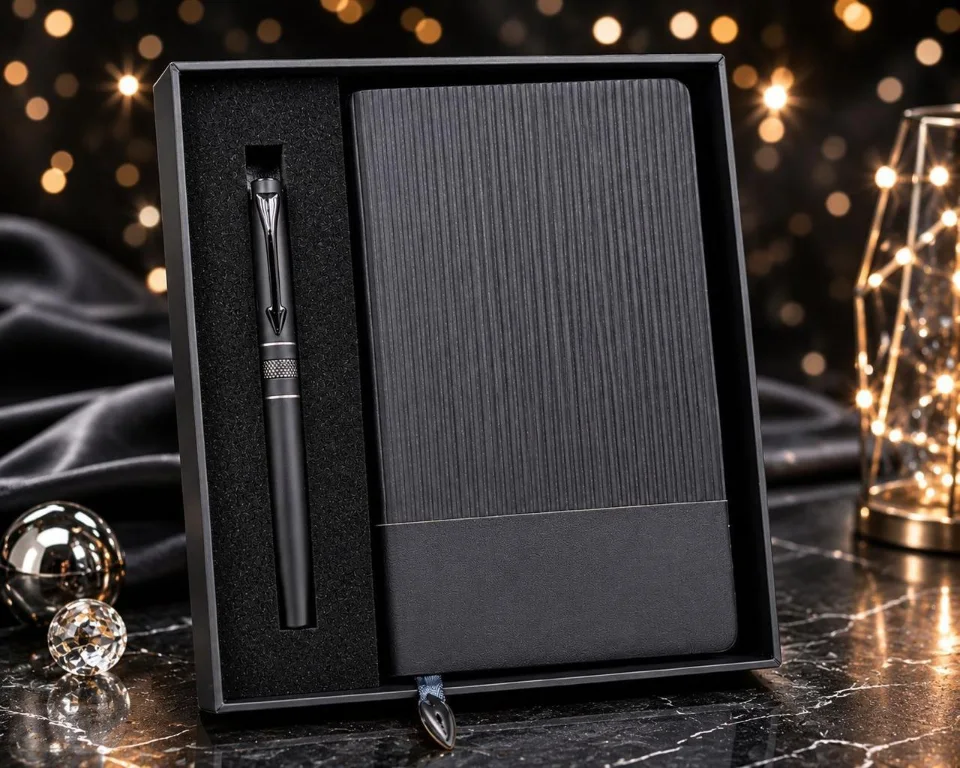 Black ribbed diary and pen gift box