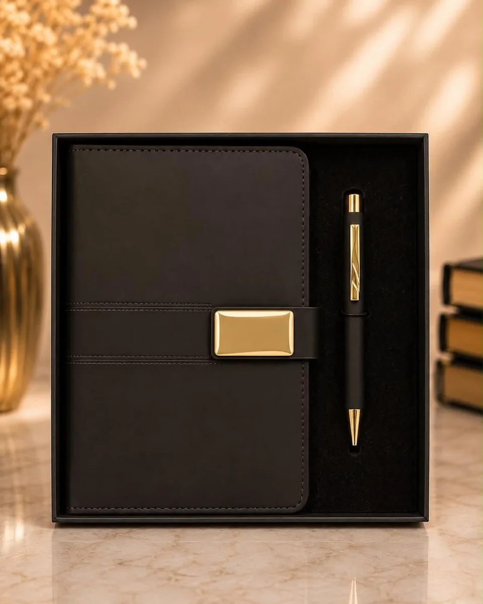 A black diary with a stitched strap and a gold-tone clasp, and a black pen with gold-tone trim, in a black gift box