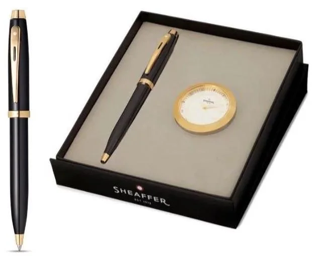 Sheaffer 100 ballpoint (9322), glossy black with gold-tone trim, with a gold-tone table clock, in a Sheaffer gift box