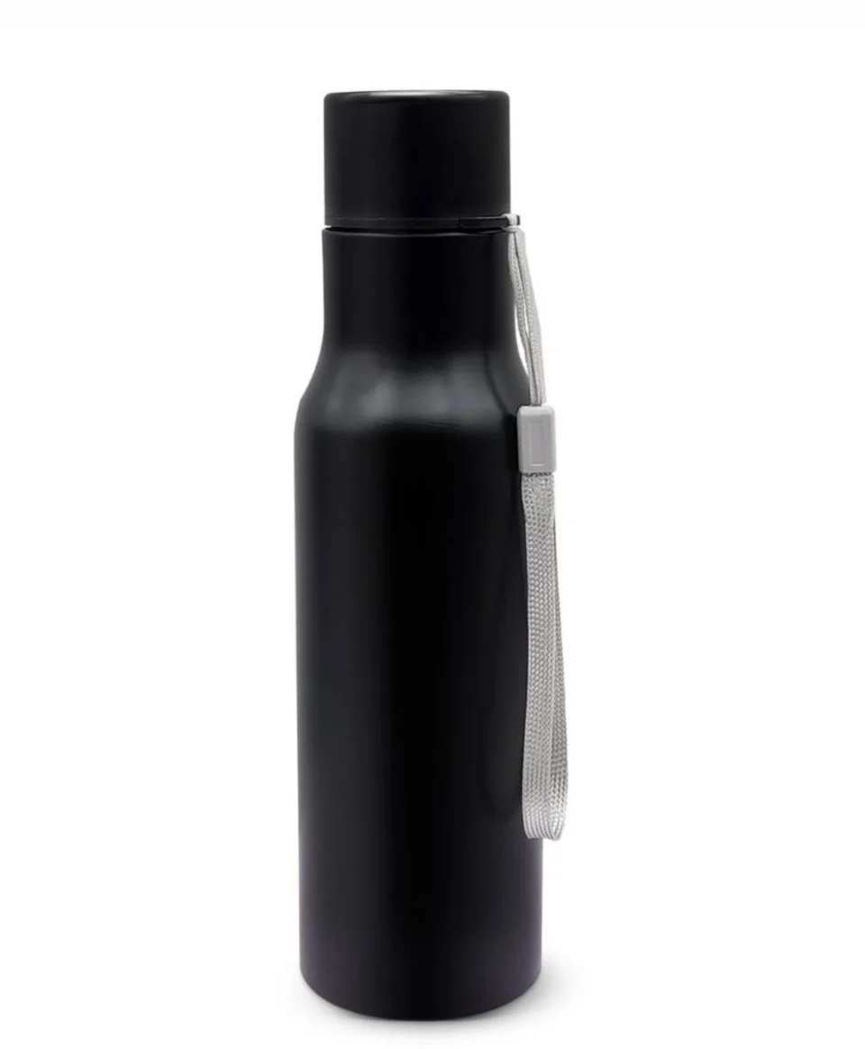 Metal bottle with a carry strap, black or white