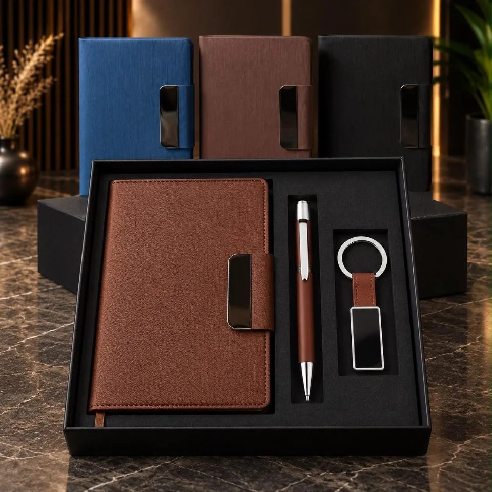 Brown diary, pen and keychain set