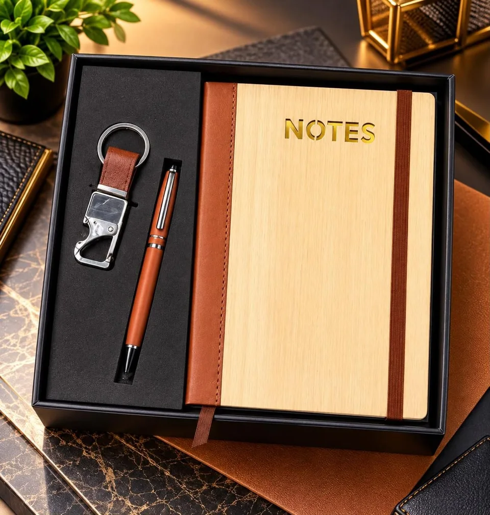 A notebook with a wood-look cover and a tan spine and strap, a tan pen and a tan strap keychain with a hook, in a black…